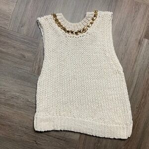 ZARA Asymmetric Sleeveless Chain Link Sweater Womens Medium Ivory Gold Classy‎